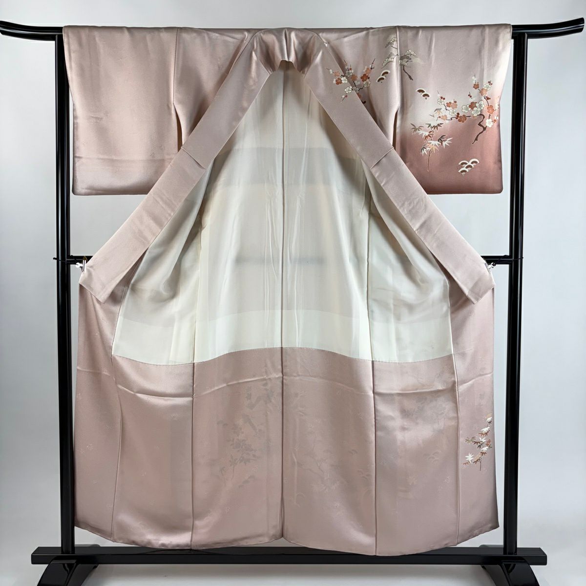 訪問服 身長157cm 袖長63cm S 雙層 尾長鳥 松樹竹子梅花 金絲 金銀彩 淺粉色 純蠶絲 秀品級 一個紋