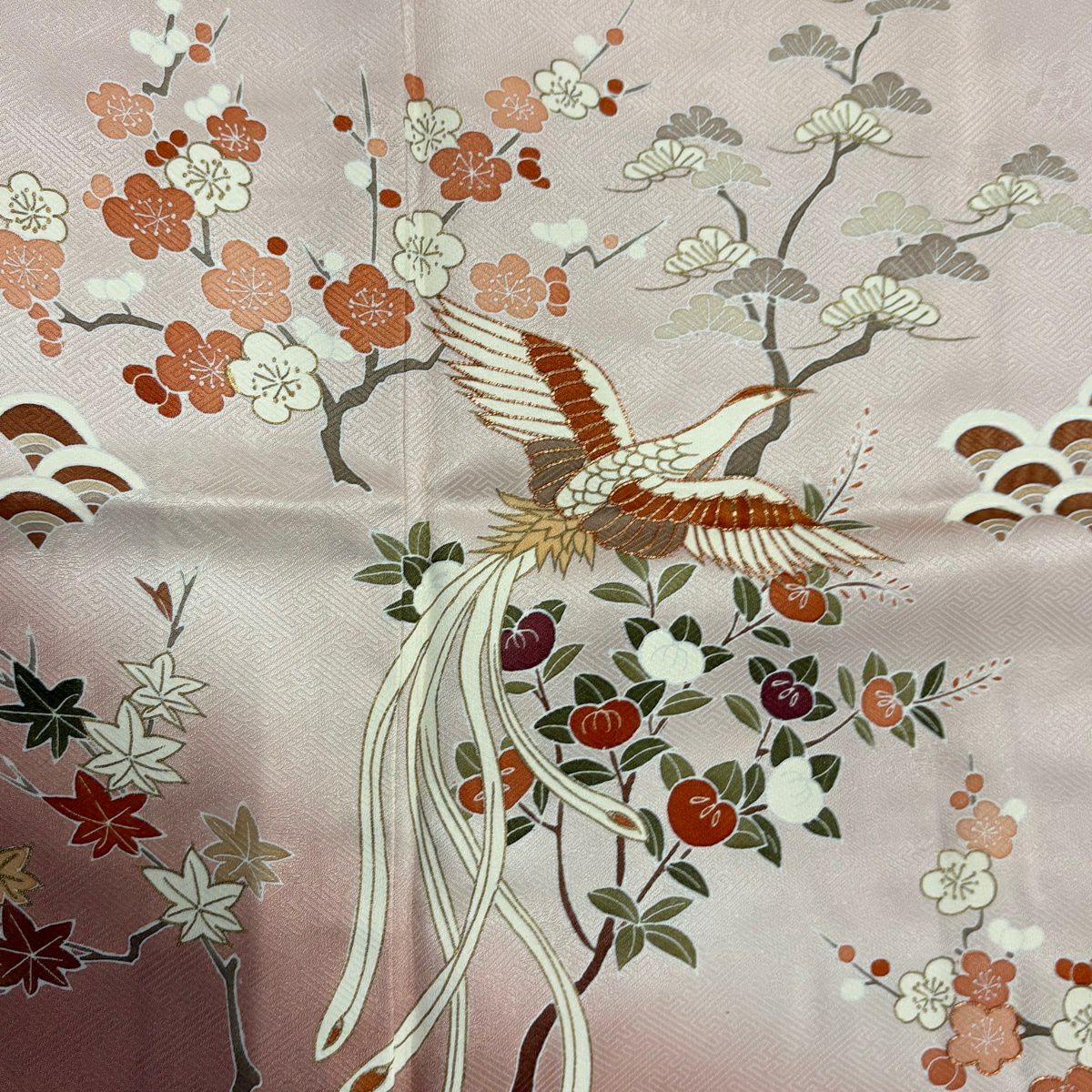 訪問服 身長157cm 袖長63cm S 雙層 尾長鳥 松樹竹子梅花 金絲 金銀彩 淺粉色 純蠶絲 秀品級 一個紋