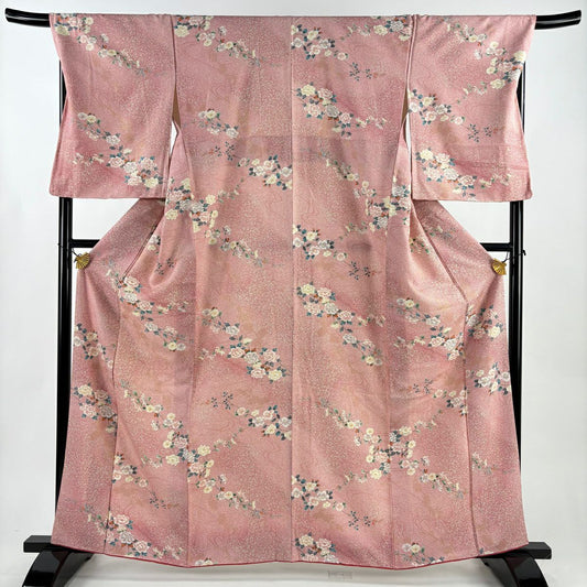 【美品】 小紋 身長163.5cm 袖長70cm L 雙層 牡丹 椿 金銀彩 漸層 粉色 純蠶絲 優品級