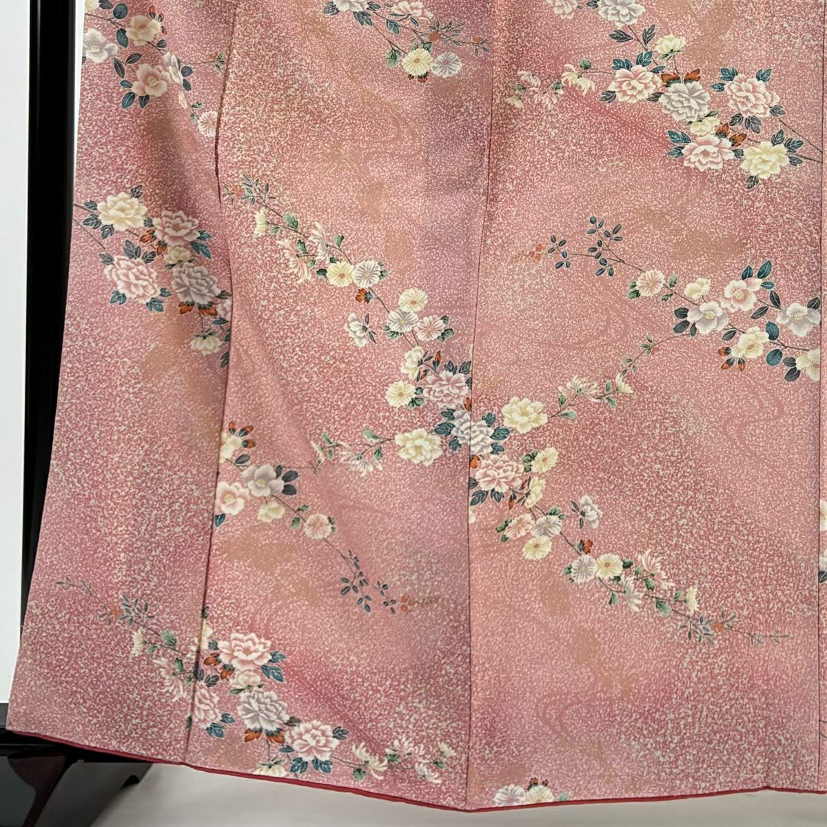 【美品】 小紋 身長163.5cm 袖長70cm L 雙層 牡丹 椿 金銀彩 漸層 粉色 純蠶絲 優品級