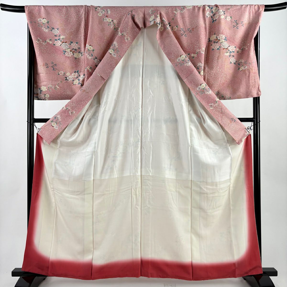 【美品】 小紋 身長163.5cm 袖長70cm L 雙層 牡丹 椿 金銀彩 漸層 粉色 純蠶絲 優品級