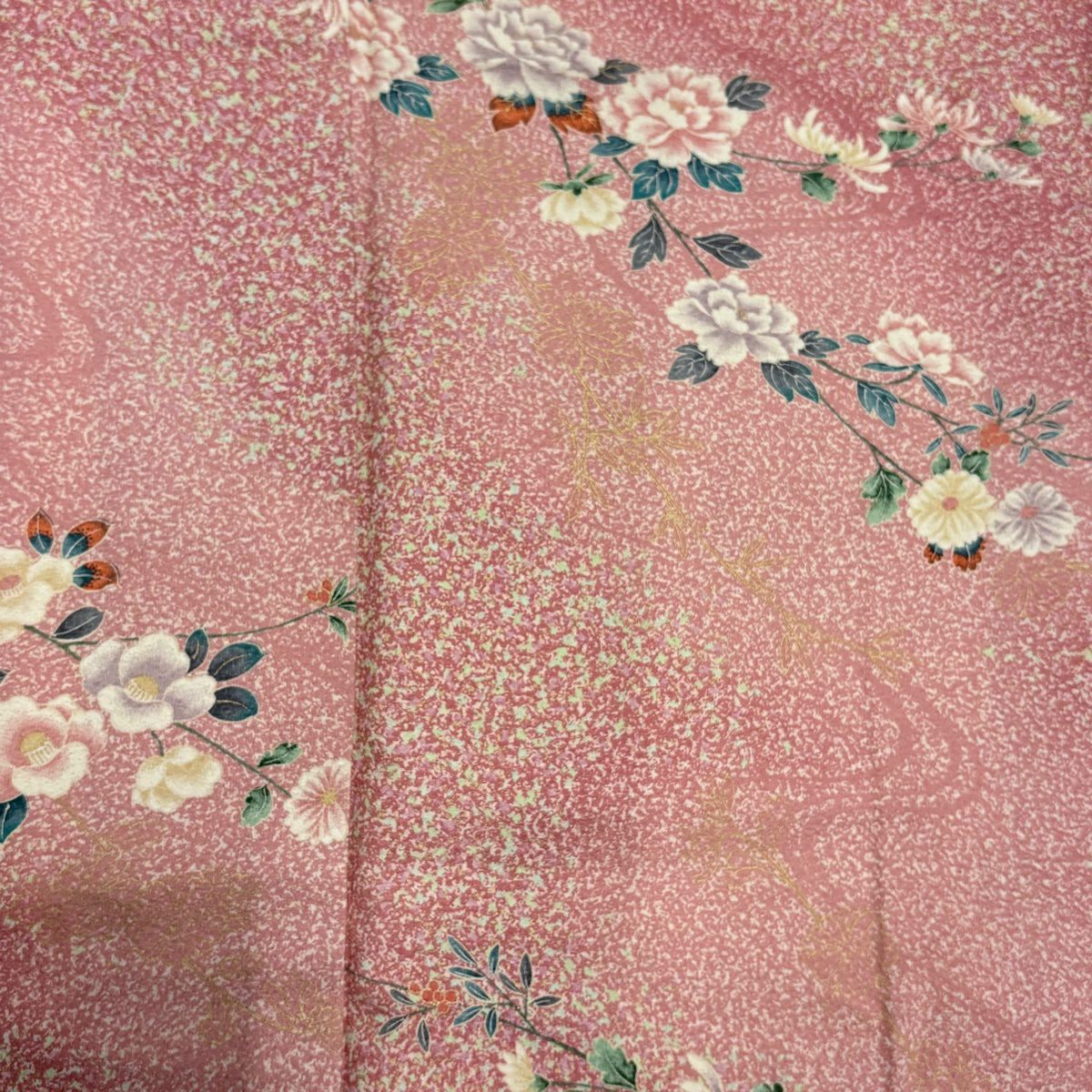 【美品】 小紋 身長163.5cm 袖長70cm L 雙層 牡丹 椿 金銀彩 漸層 粉色 純蠶絲 優品級