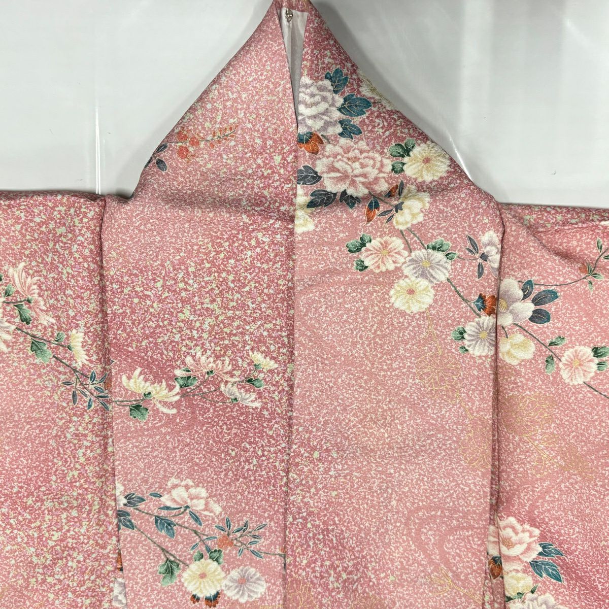 【美品】 小紋 身長163.5cm 袖長70cm L 雙層 牡丹 椿 金銀彩 漸層 粉色 純蠶絲 優品級