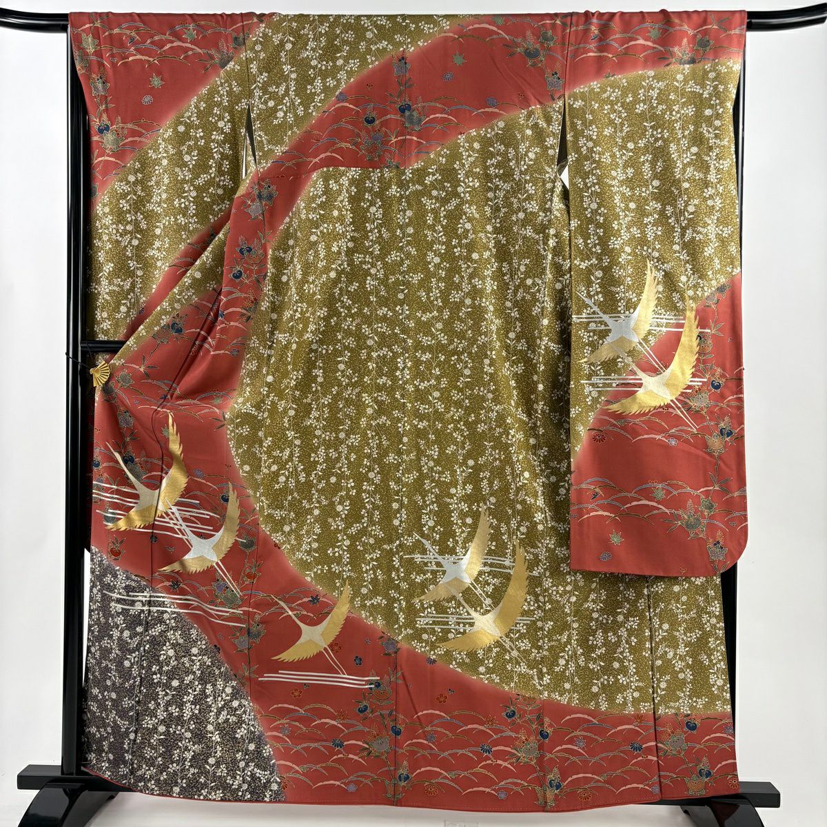 振袖禮服 身長162.5cm 袖長67cm M 雙層 仙鶴 橘 金銀彩 染分 茜 純蠶絲 秀品級