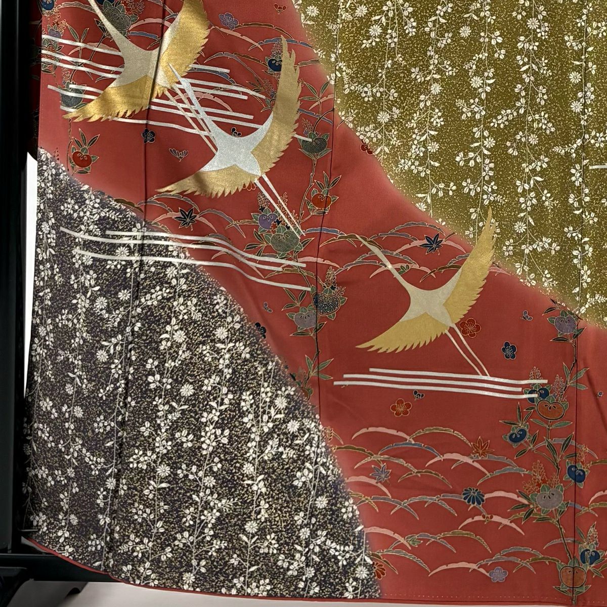 振袖禮服 身長162.5cm 袖長67cm M 雙層 仙鶴 橘 金銀彩 染分 茜 純蠶絲 秀品級
