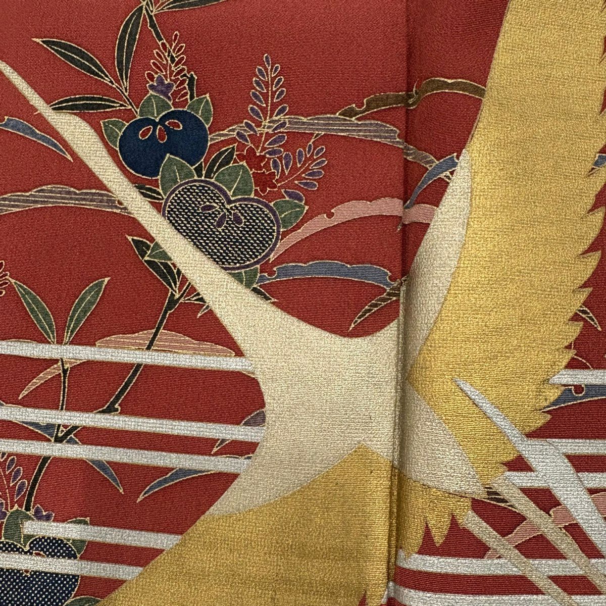 振袖禮服 身長162.5cm 袖長67cm M 雙層 仙鶴 橘 金銀彩 染分 茜 純蠶絲 秀品級