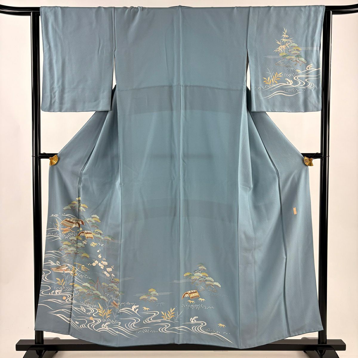 付下 身長157cm 袖長63.5cm S 雙層 落款有 苫舟 松樹竹子梅花 金銀彩 青灰 純蠶絲 優品級