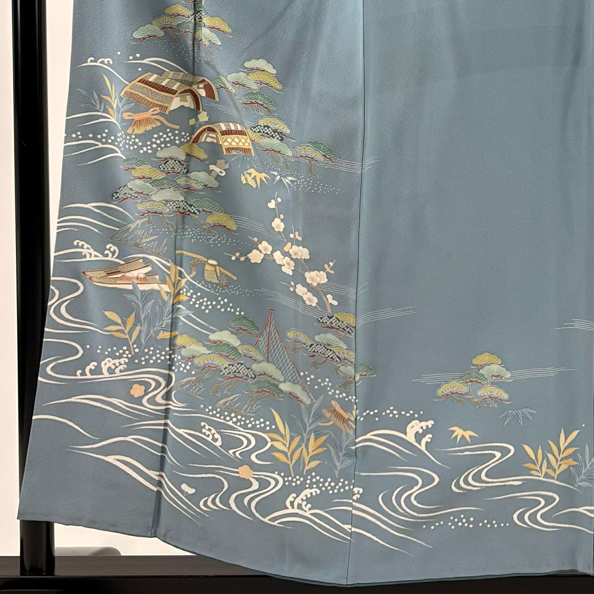 付下 身長157cm 袖長63.5cm S 雙層 落款有 苫舟 松樹竹子梅花 金銀彩 青灰 純蠶絲 優品級