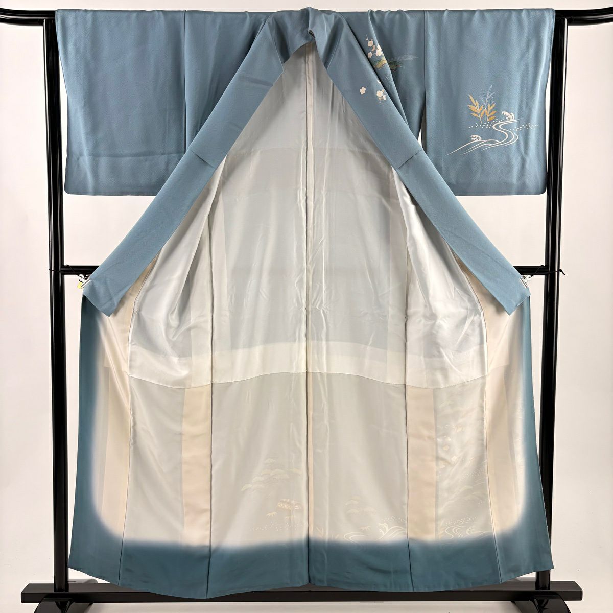 付下 身長157cm 袖長63.5cm S 雙層 落款有 苫舟 松樹竹子梅花 金銀彩 青灰 純蠶絲 優品級
