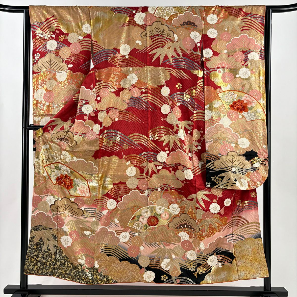 振袖禮服 身長155cm 袖長63cm S 雙層 扇子面 松樹竹子梅花 金絲 金銀彩 紅 純蠶絲 秀品級