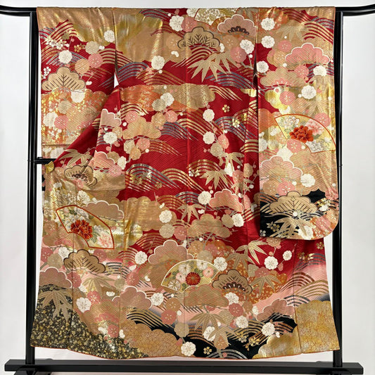 振袖禮服 身長155cm 袖長63cm S 雙層 扇子面 松樹竹子梅花 金絲 金銀彩 紅 純蠶絲 秀品級