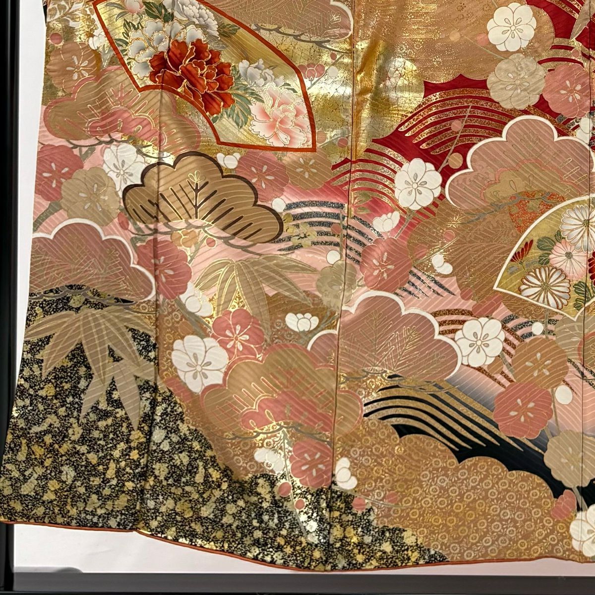 振袖禮服 身長155cm 袖長63cm S 雙層 扇子面 松樹竹子梅花 金絲 金銀彩 紅 純蠶絲 秀品級