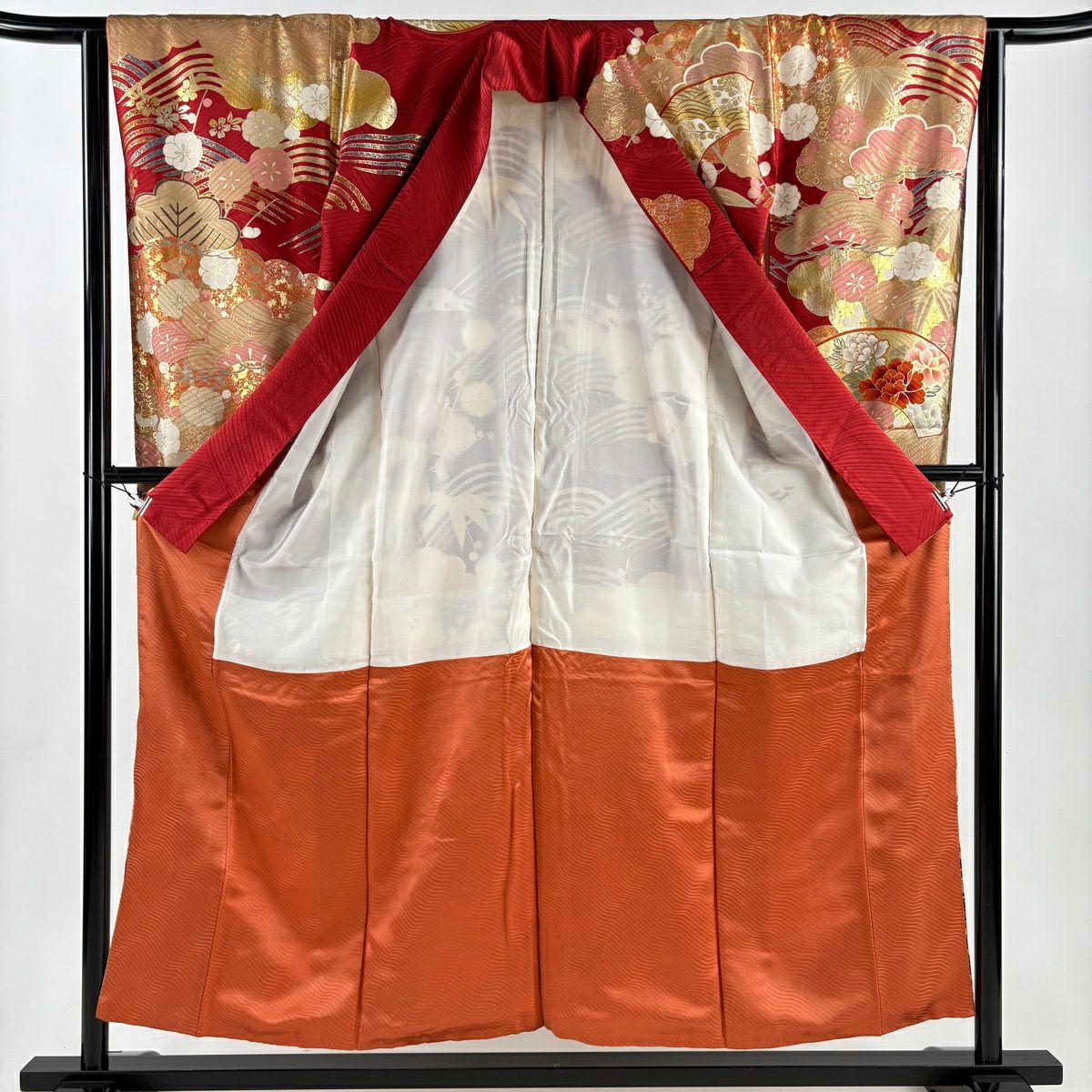 振袖禮服 身長155cm 袖長63cm S 雙層 扇子面 松樹竹子梅花 金絲 金銀彩 紅 純蠶絲 秀品級