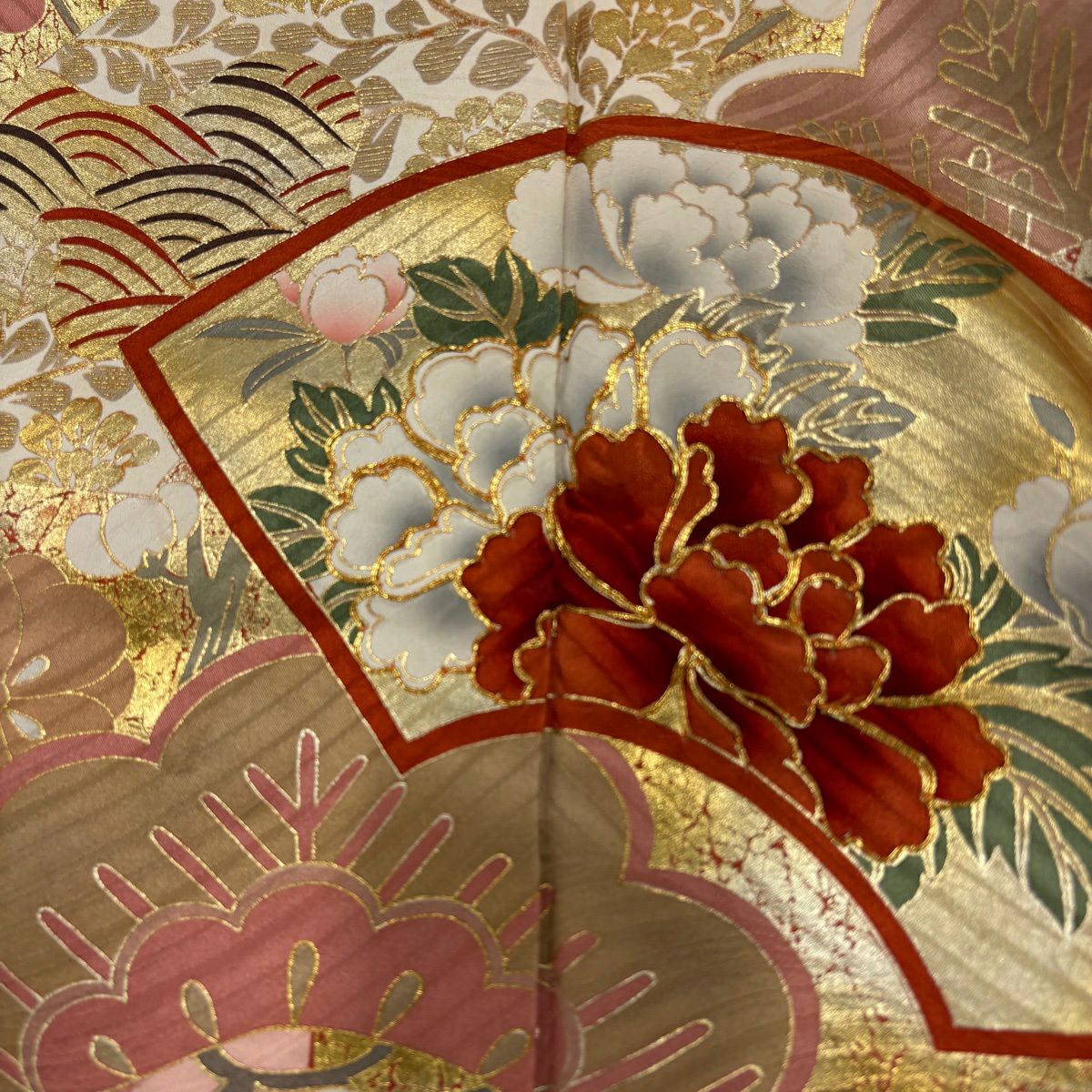 振袖禮服 身長155cm 袖長63cm S 雙層 扇子面 松樹竹子梅花 金絲 金銀彩 紅 純蠶絲 秀品級