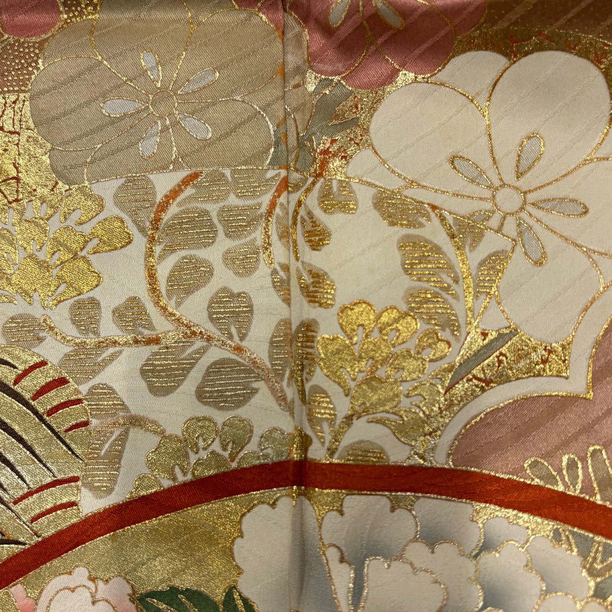 振袖禮服 身長155cm 袖長63cm S 雙層 扇子面 松樹竹子梅花 金絲 金銀彩 紅 純蠶絲 秀品級