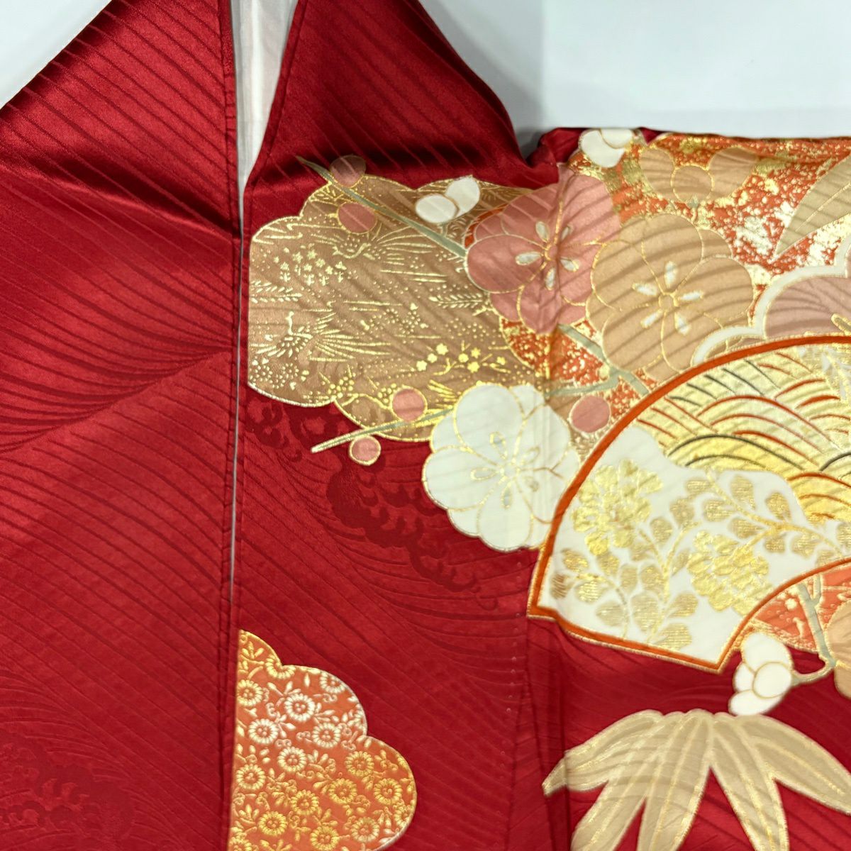 振袖禮服 身長155cm 袖長63cm S 雙層 扇子面 松樹竹子梅花 金絲 金銀彩 紅 純蠶絲 秀品級