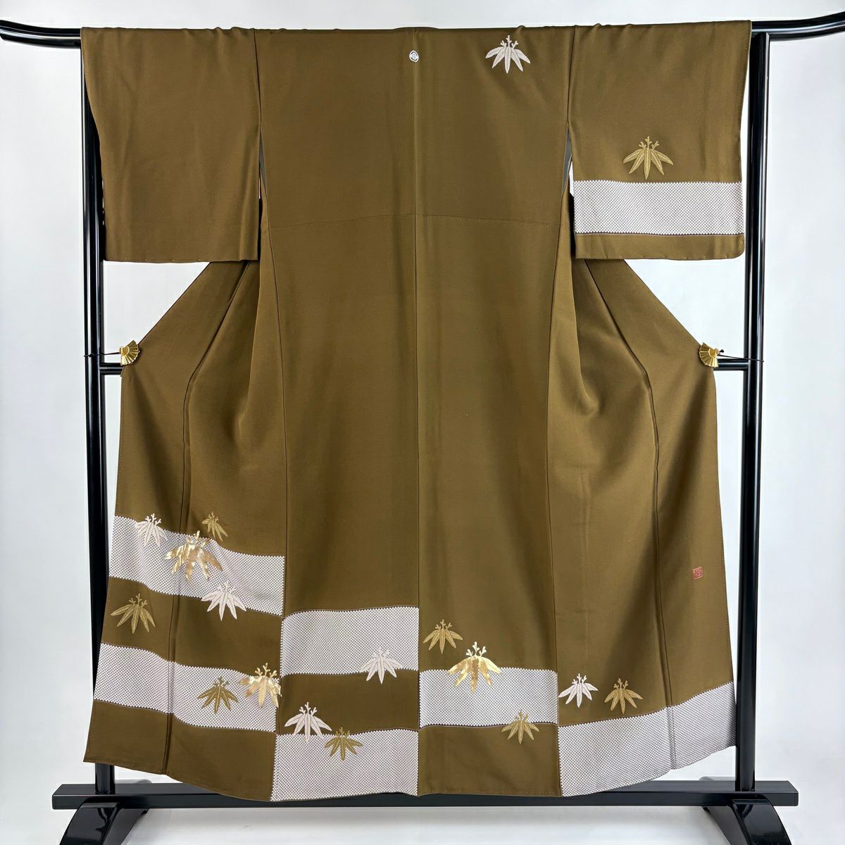 訪問服 身長155cm 袖長65.5cm M 雙層 笹 橫段 金絲 相良刺繡 茶 純蠶絲 秀品級 一つ紋