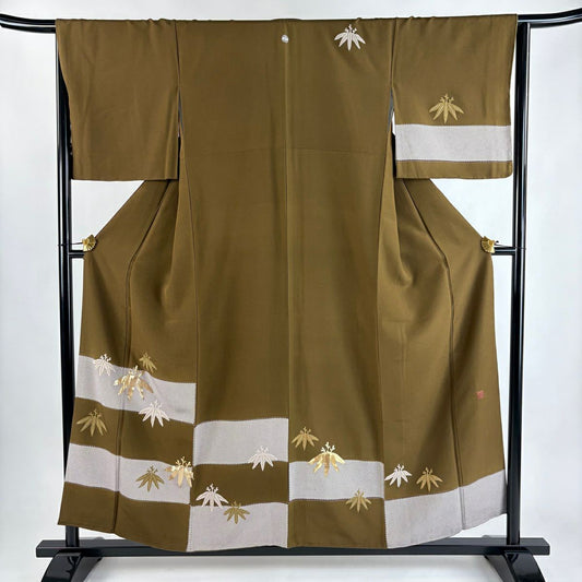 訪問服 身長155cm 袖長65.5cm M 雙層 笹 橫段 金絲 相良刺繡 茶 純蠶絲 秀品級 一つ紋