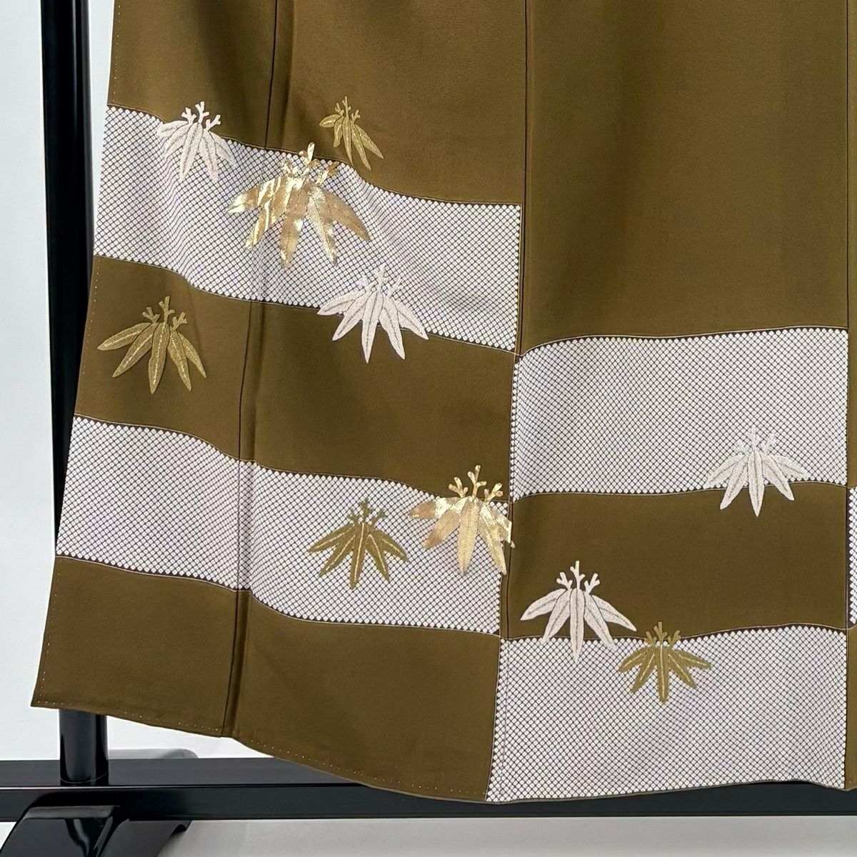 訪問服 身長155cm 袖長65.5cm M 雙層 笹 橫段 金絲 相良刺繡 茶 純蠶絲 秀品級 一つ紋