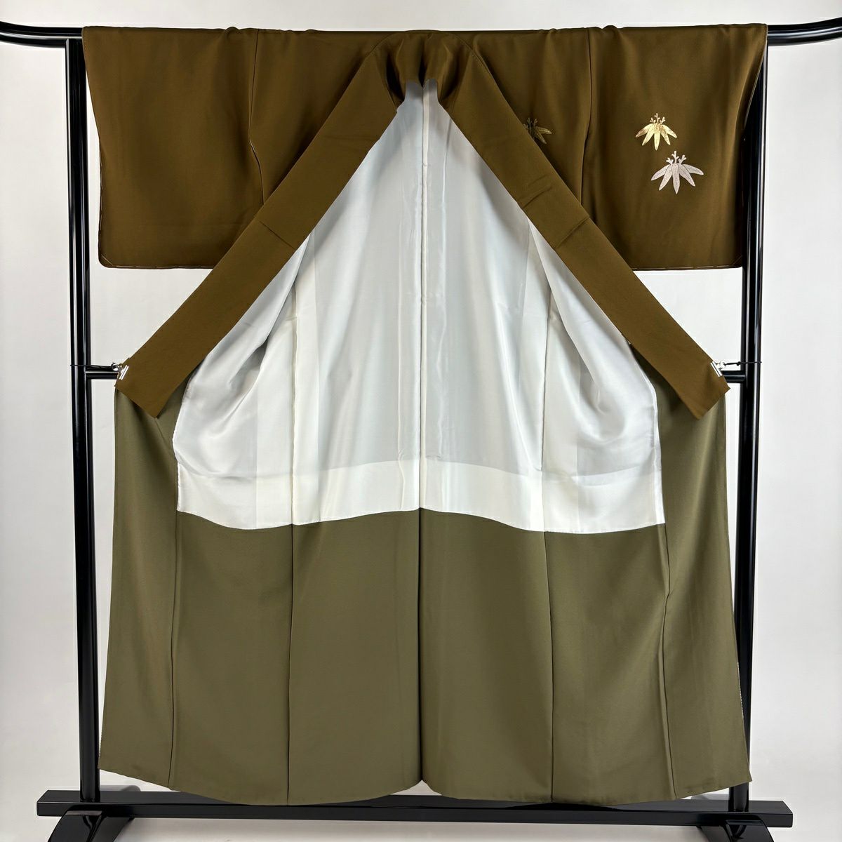 訪問服 身長155cm 袖長65.5cm M 雙層 笹 橫段 金絲 相良刺繡 茶 純蠶絲 秀品級 一つ紋