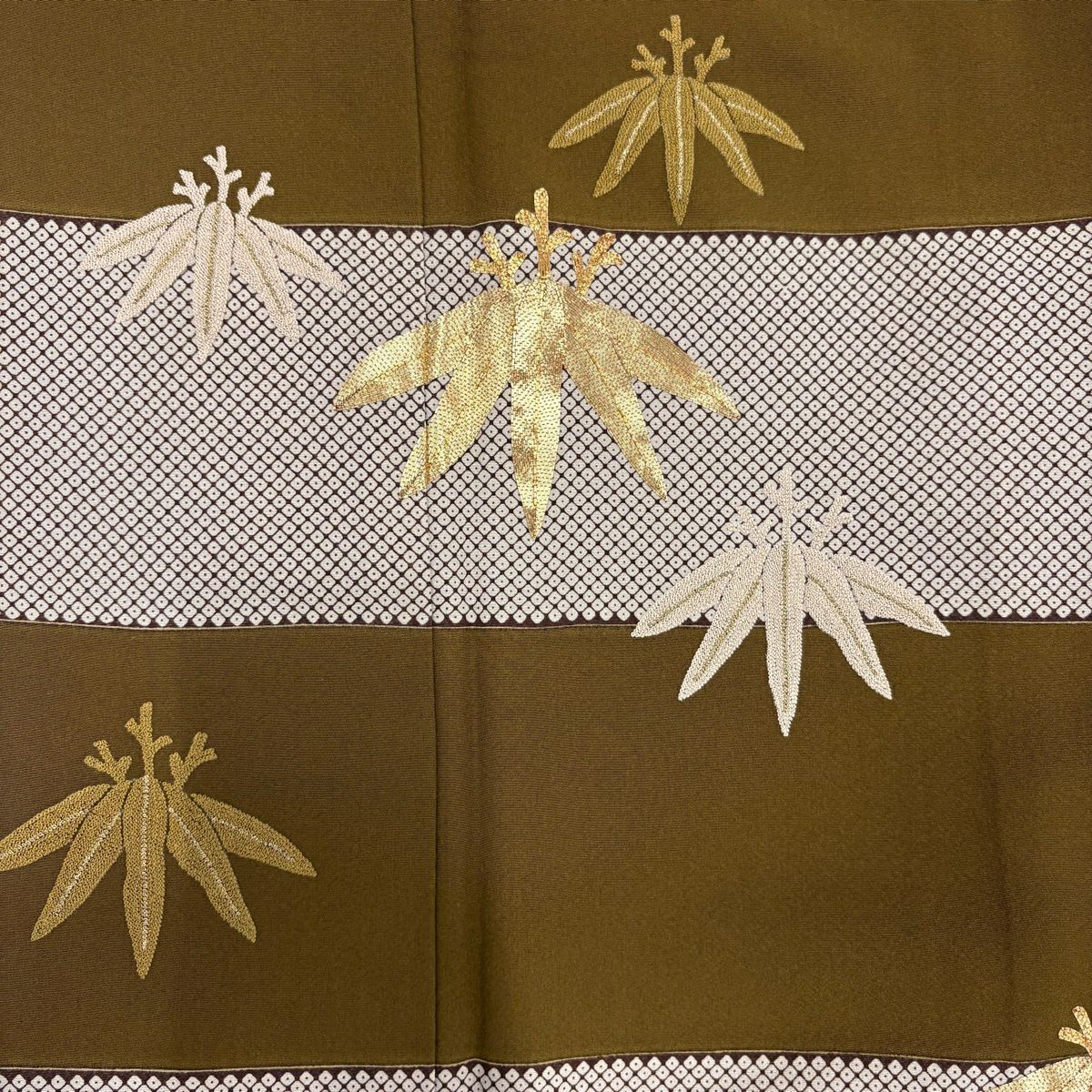 訪問服 身長155cm 袖長65.5cm M 雙層 笹 橫段 金絲 相良刺繡 茶 純蠶絲 秀品級 一つ紋