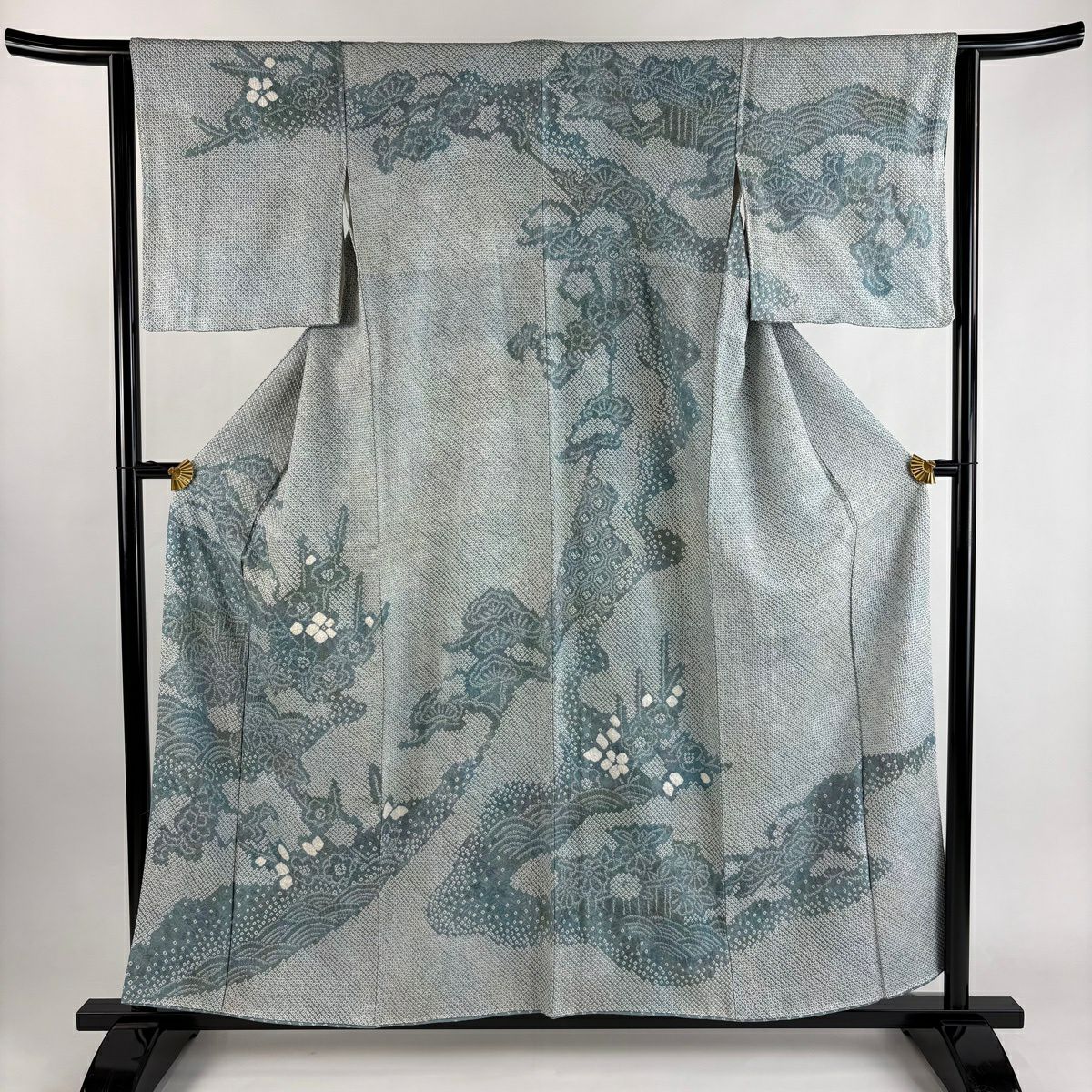 訪問服 身長157cm 袖長63cm S 雙層 御所車 波 總絞染 漸層 青灰 純蠶絲 優品級
