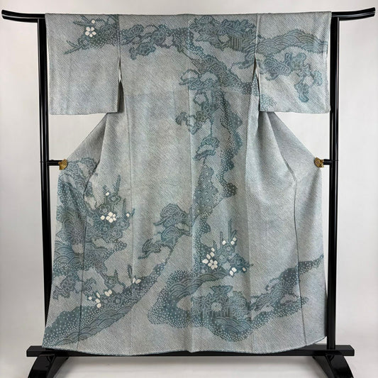 訪問服 身長157cm 袖長63cm S 雙層 御所車 波 總絞染 漸層 青灰 純蠶絲 優品級