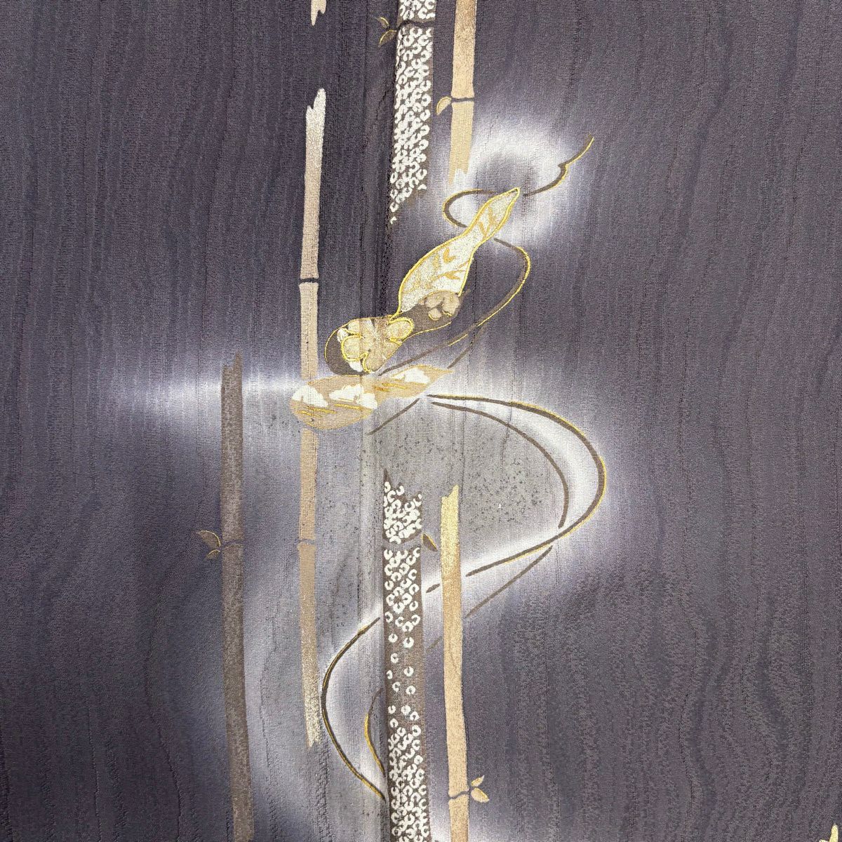 付下 身長169cm 袖長67cm M 雙層 背抜 落款あり 瓢箪 竹子 金絲 金銀彩 灰紫 純蠶絲 秀品級