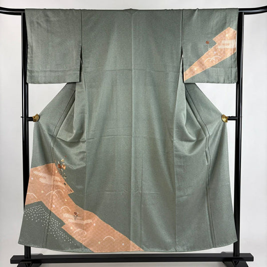 【美品】 付下 身長152cm 袖長64cm M 雙層 草花紋紋 ヱ霞刺繡 絞染 灰綠 純蠶絲 秀品級
