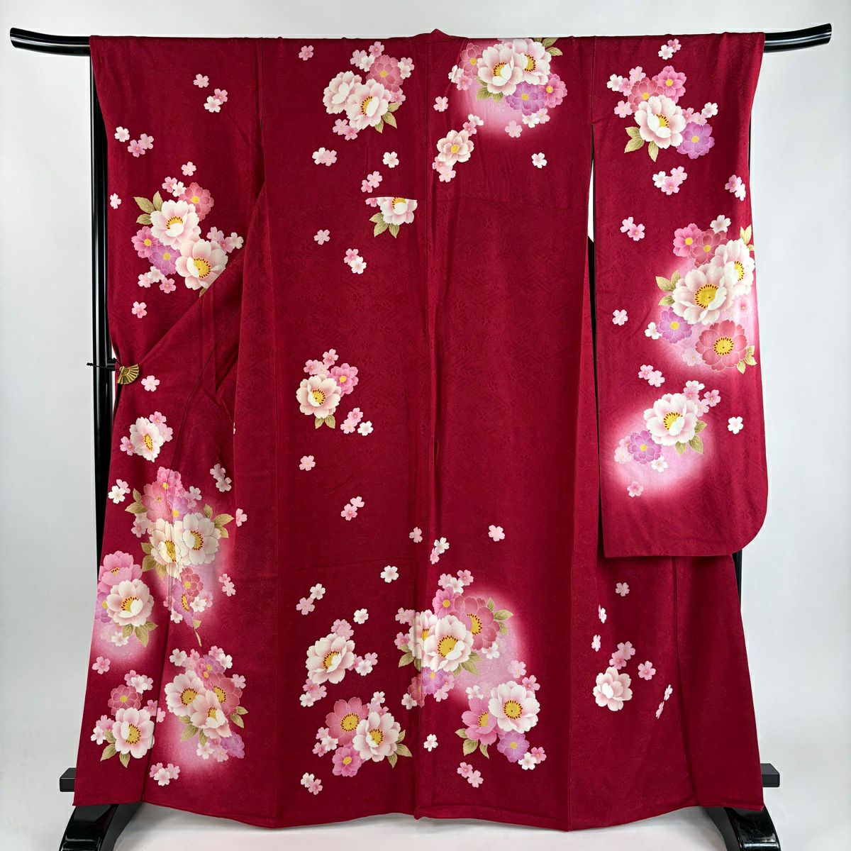 振袖禮服 身長164cm 袖長67.5cm L 雙層 櫻花 金銀彩 漸層 紅 純蠶絲 優品級