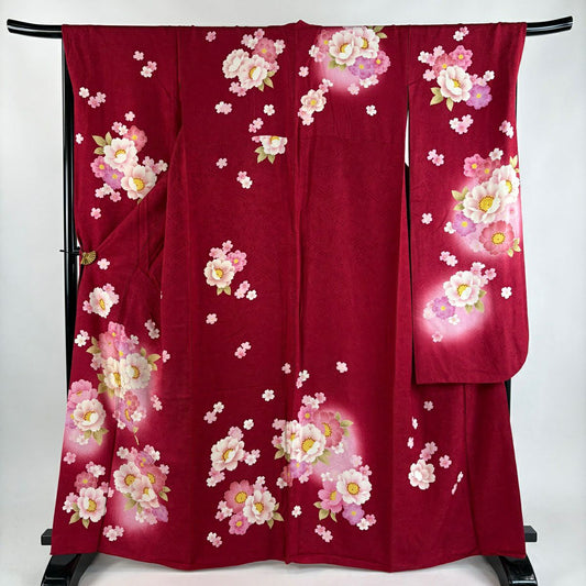 振袖禮服 身長164cm 袖長67.5cm L 雙層 櫻花 金銀彩 漸層 紅 純蠶絲 優品級
