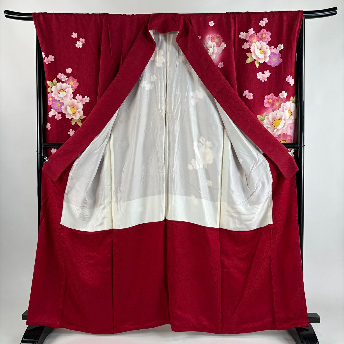 振袖禮服 身長164cm 袖長67.5cm L 雙層 櫻花 金銀彩 漸層 紅 純蠶絲 優品級
