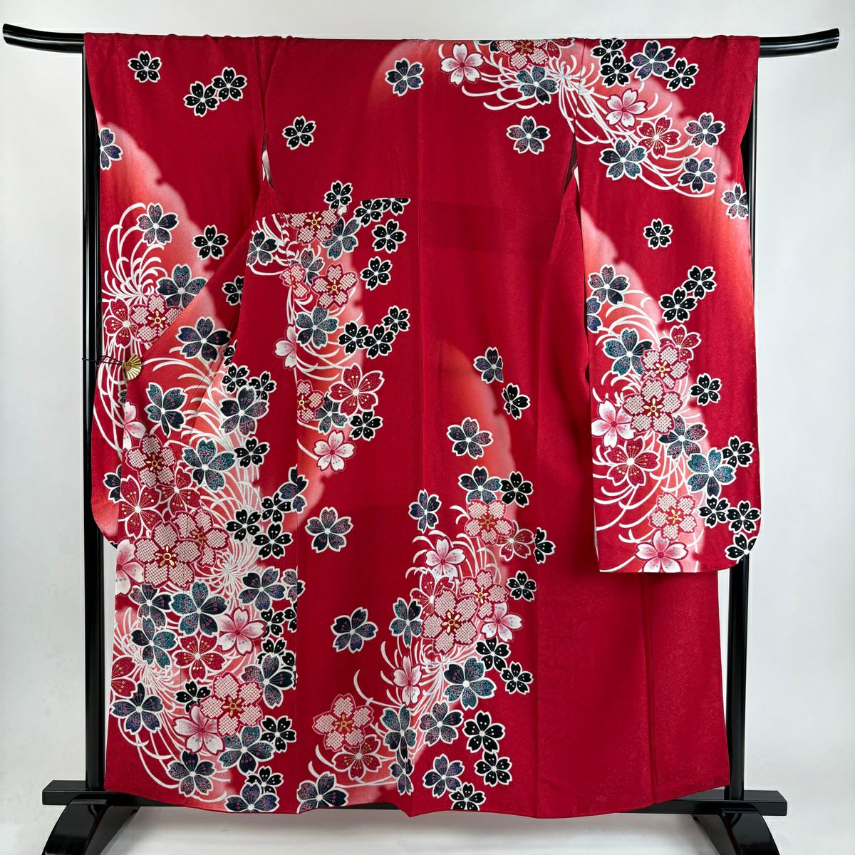 振袖禮服 身長159.5cm 袖長67.5cm L 雙層 櫻花 蘭菊花 金銀彩 漸層 紅 純蠶絲 優品級