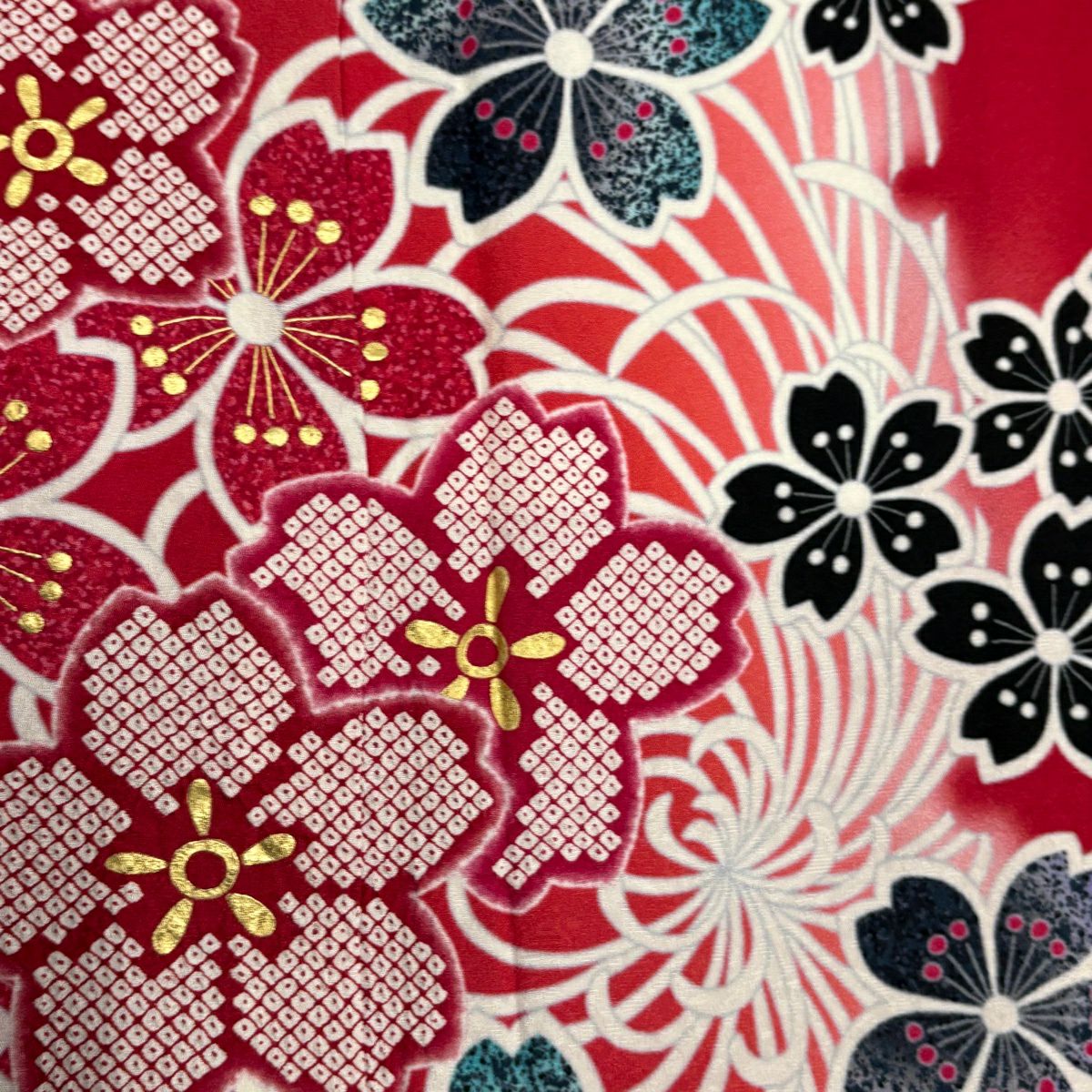振袖禮服 身長159.5cm 袖長67.5cm L 雙層 櫻花 蘭菊花 金銀彩 漸層 紅 純蠶絲 優品級