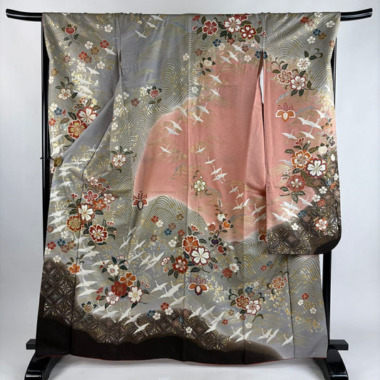 振袖禮服 身長164cm 袖長69cm L 雙層 仙鶴 草花紋 金糸 金銀彩 灰 純蠶絲 秀品級