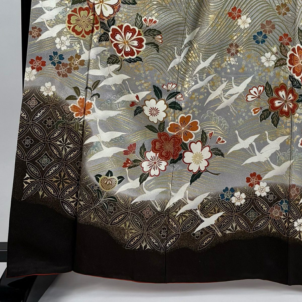 振袖禮服 身長164cm 袖長69cm L 雙層 仙鶴 草花紋 金糸 金銀彩 灰 純蠶絲 秀品級