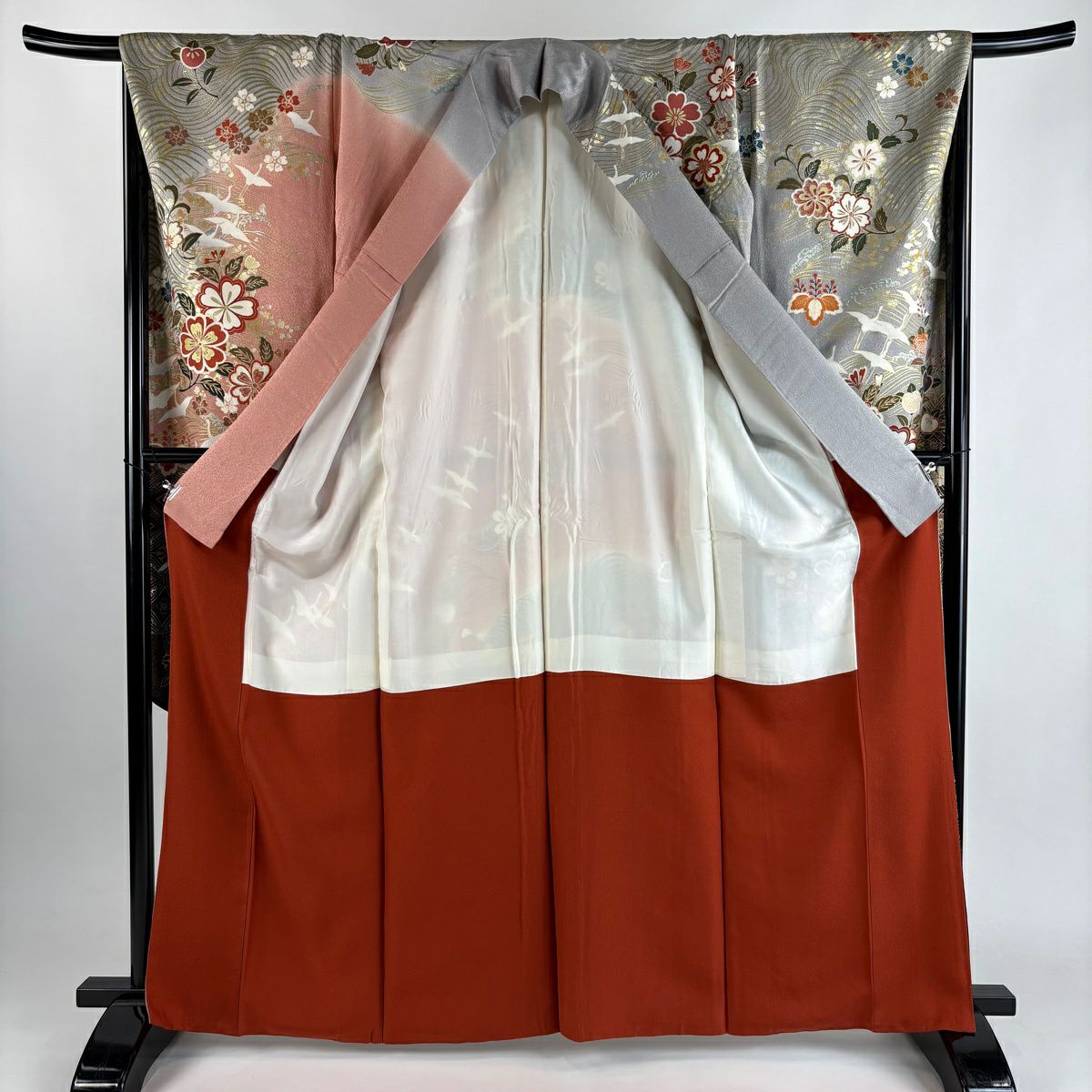 振袖禮服 身長164cm 袖長69cm L 雙層 仙鶴 草花紋 金糸 金銀彩 灰 純蠶絲 秀品級