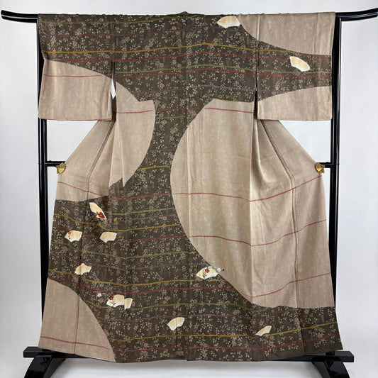 【美品】訪問服 身長159cm 袖長66cm M 雙層 扇子面 椿 金糸刺繡 薄茶 純蠶絲 秀品級