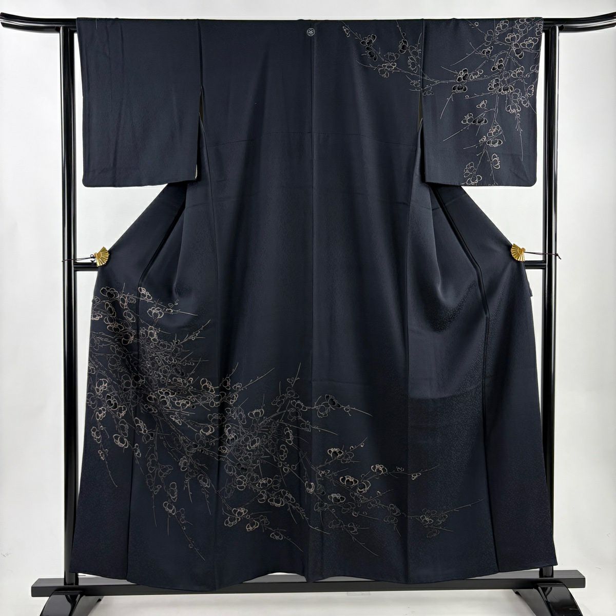 【美品】訪問服 身長157.5cm 袖長62cm S 雙層 梅花 刺繡 墨 黑 純蠶絲 秀品級 一つ紋