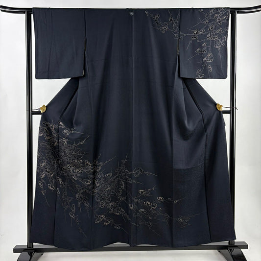 【美品】訪問服 身長157.5cm 袖長62cm S 雙層 梅花 刺繡 墨 黑 純蠶絲 秀品級 一つ紋