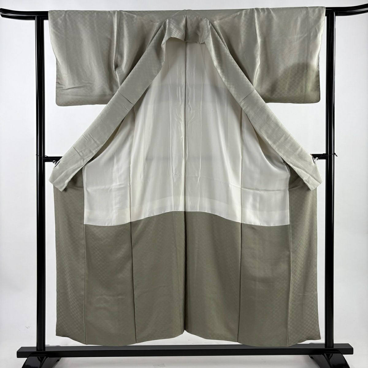 【美品】 付下 身長154cm 袖長62cm S 雙層 地紋 霞 灰綠 純蠶絲 秀品級 一つ紋