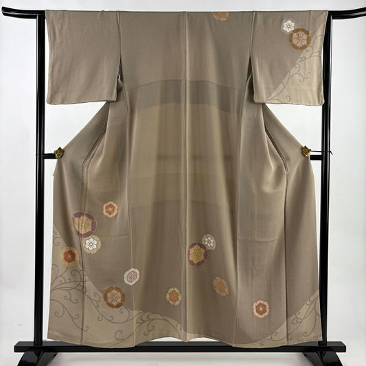 【美品】訪問服 身長152cm 袖長64cm M 雙層 花唐草紋 絞染 金彩裝飾 薄茶 純蠶絲 秀品級