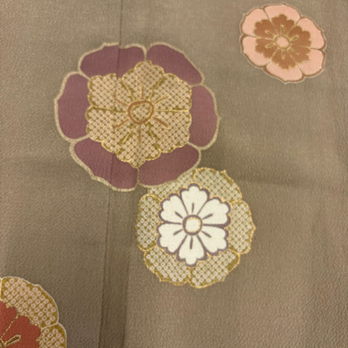 【美品】訪問服 身長152cm 袖長64cm M 雙層 花唐草紋 絞染 金彩裝飾 薄茶 純蠶絲 秀品級