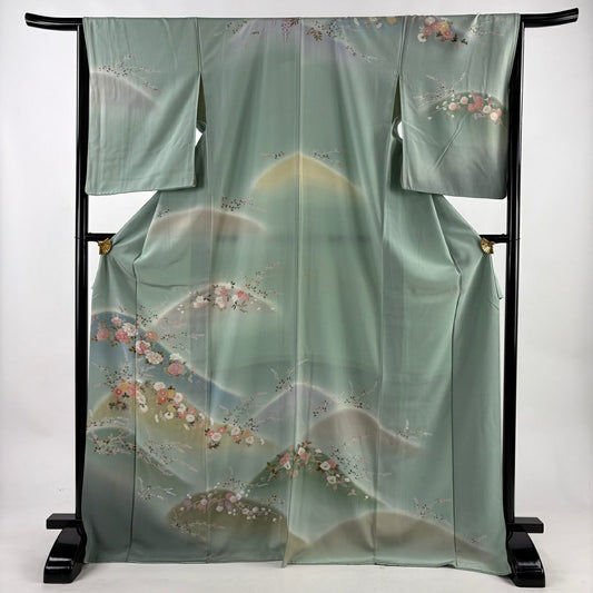 訪問服 身長171cm 袖長66cm M 雙層 牡丹 菊花 金銀彩 漸層 淺綠 純蠶絲 優品級