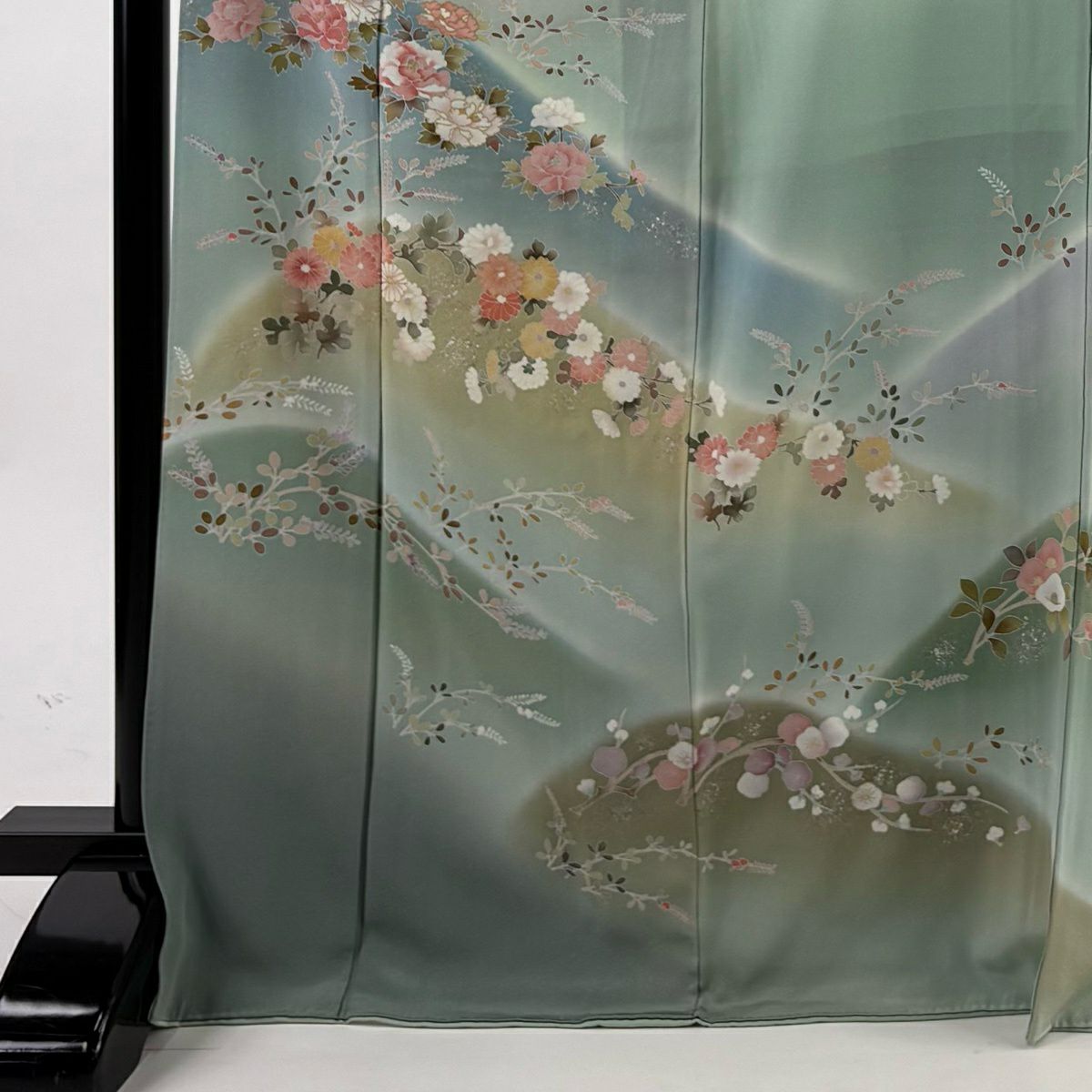 訪問服 身長171cm 袖長66cm M 雙層 牡丹 菊花 金銀彩 漸層 淺綠 純蠶絲 優品級
