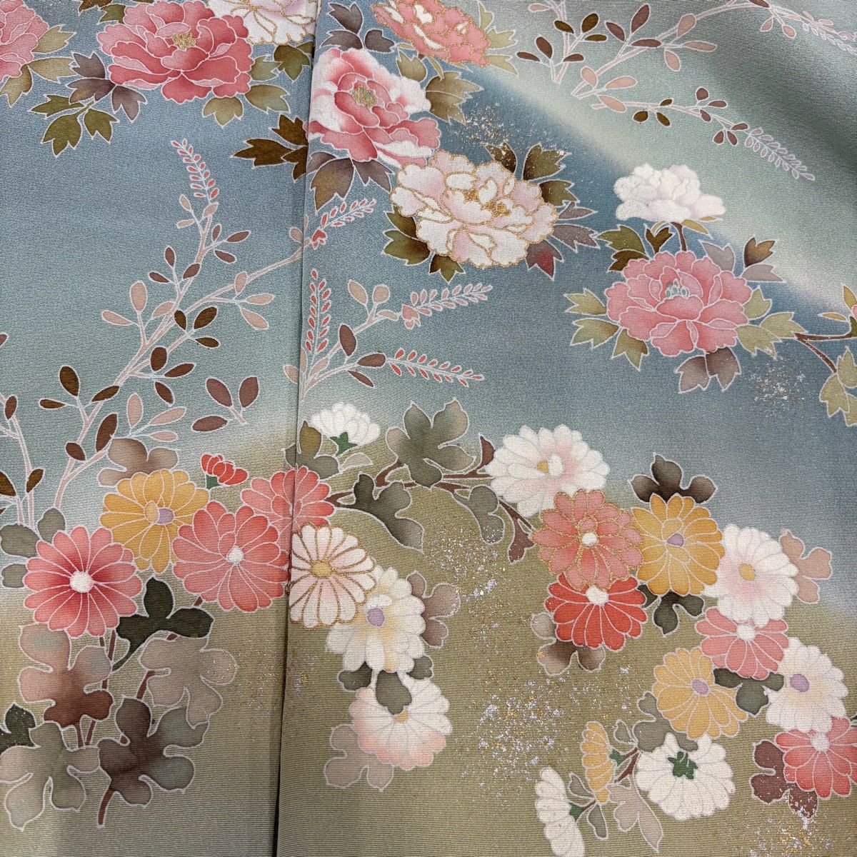 訪問服 身長171cm 袖長66cm M 雙層 牡丹 菊花 金銀彩 漸層 淺綠 純蠶絲 優品級