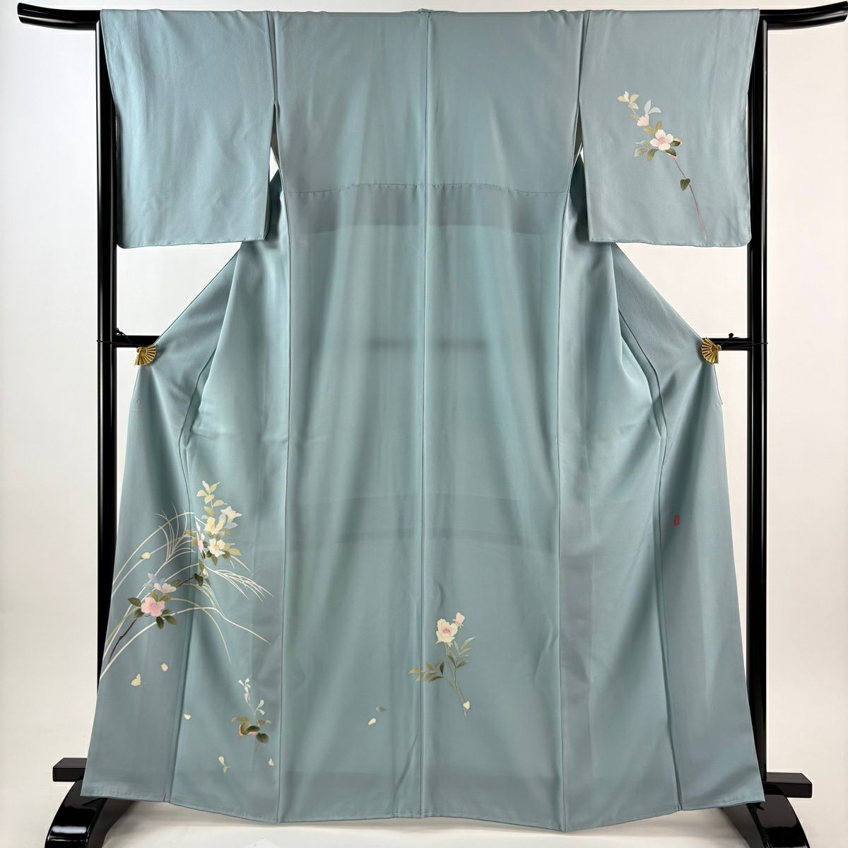 付下 身長164.5cm 袖長66.5cm M 雙層 南克治 落款有 枝花 水藍 純蠶絲 優品級