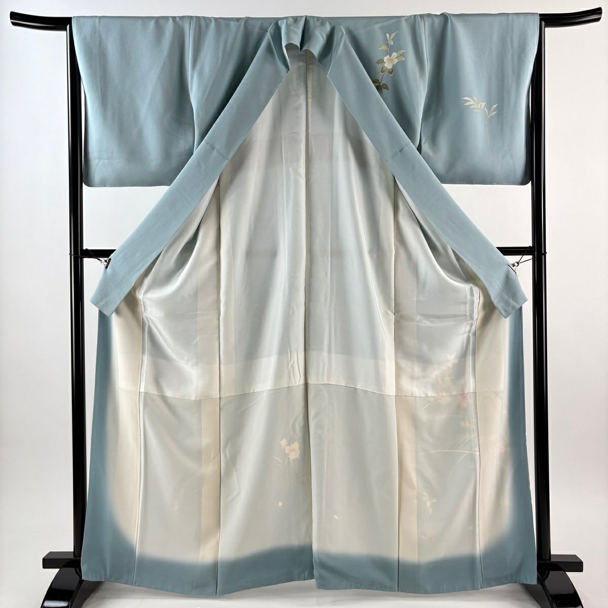 付下 身長164.5cm 袖長66.5cm M 雙層 南克治 落款有 枝花 水藍 純蠶絲 優品級