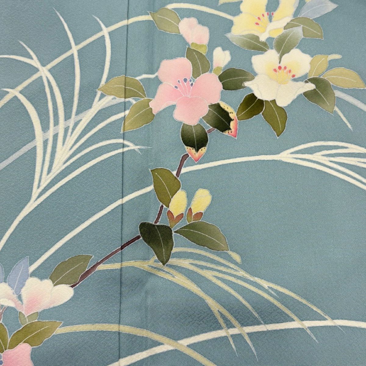 付下 身長164.5cm 袖長66.5cm M 雙層 南克治 落款有 枝花 水藍 純蠶絲 優品級