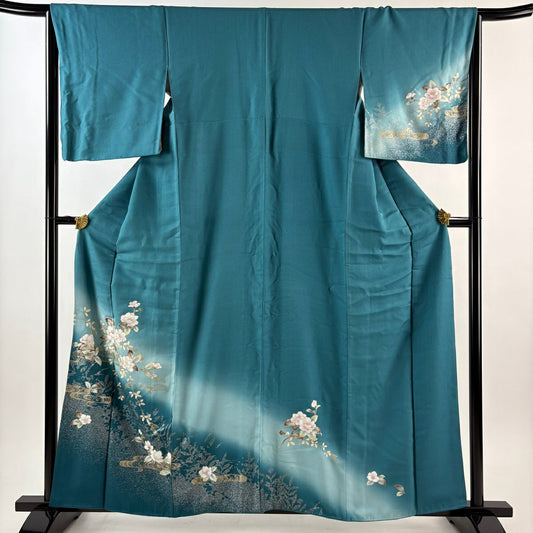 訪問服 身長159cm 袖長66.5cm M 雙層 枝花 観世水 金銀彩 漸層 青綠 純蠶絲 優品級